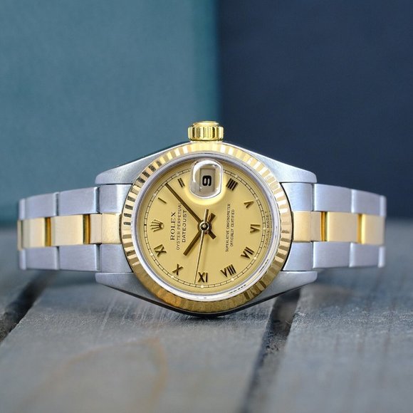 ROLEX DATEJUST LADIES WATCH GOLD STEEL CHAMPAGNE ROMAN DIAL FLUTED 69173 OYSTER - Picture 3 of 12